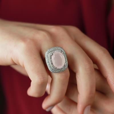Zirkon Taş Çerçeveli Pembe Kuvars Taşlı  Gümüş Yüzük