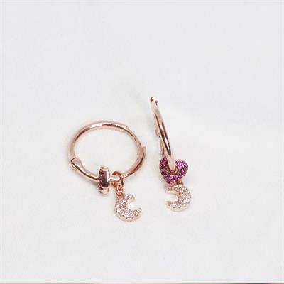 Zirkon Taşlı Ay Kalp Figürlü Rose Gold Kaplama Gümüş Küpe