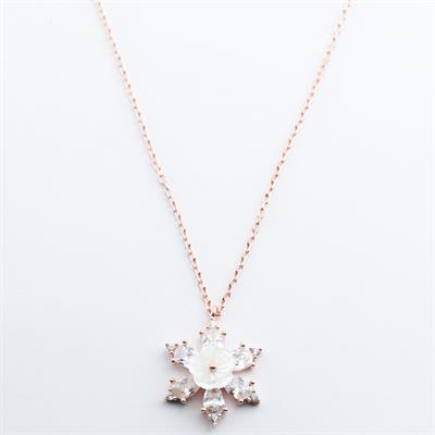 Zirkon Taşlı Çiçek Motifli Rose Gold Kaplama Gümüş Kolye