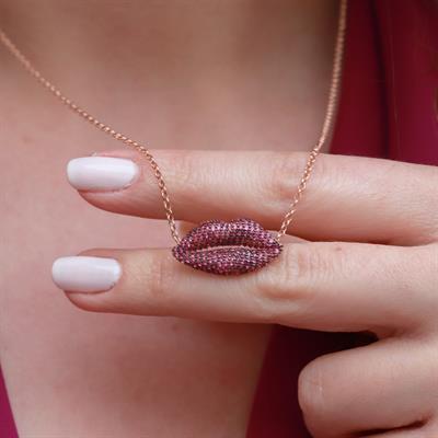 Zirkon Taşlı Dudak Figürlü Rose Gold Kaplama Asansör Zincirli Gümüş Set