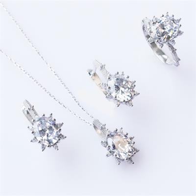 Zirkon Taşlı Elips Lotus Çiçeği Gümüş Set