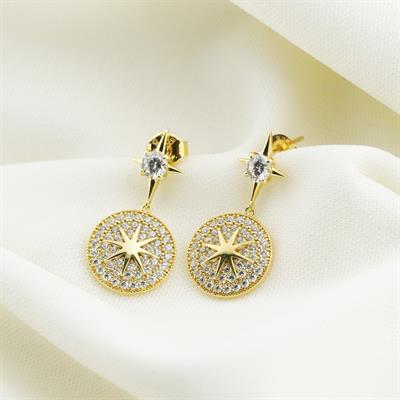 Zirkon Taşlı Gold Kaplama Kutup Yıldızı Gümüş Küpe
