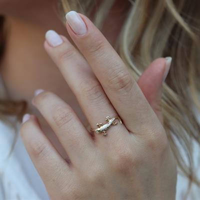 Zirkon Taşlı Gold Kaplama Timsah  Gümüş Yüzük