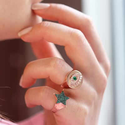 Zirkon Taşlı Göz Ve Yıldız Figürlü İkili Gümüş Yüzük