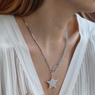 Zirkon Taşlı Gurmet Zincirli Tasarım Yıldız Gümüş Kolye