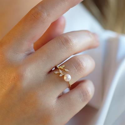Zirkon Taşlı İnci ve Sarmaşık Minimal 925 Ayar Gümüş Gold Kaplama Yüzük
