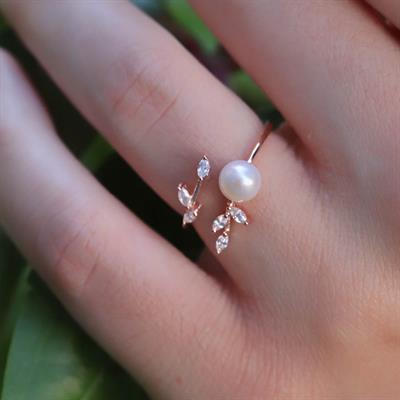 Zirkon Taşlı İnci ve Sarmaşık Minimal 925 Ayar Gümüş Rosegold Kaplama Yüzük