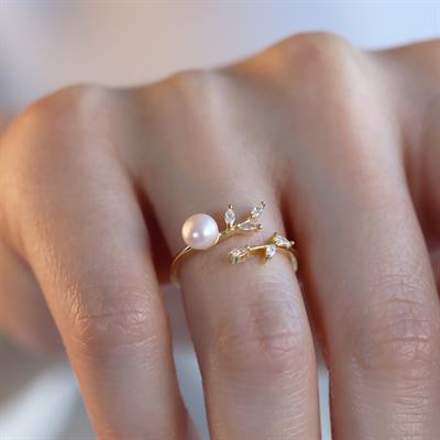 Zirkon Taşlı İnci ve Sarmaşık Minimal 925 Ayar Gümüş Gold Kaplama Yüzük