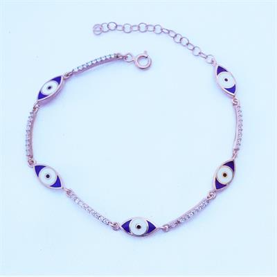 Zirkon Taşlı Lacivert Mine İşli Göz Modeli Rose Gold Kaplama Gümüş Bileklik