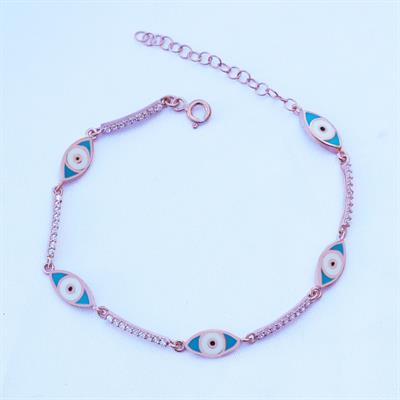 Zirkon Taşlı Mavi Mine İşli Göz Modeli Rose Gold Kaplama Gümüş Bileklik