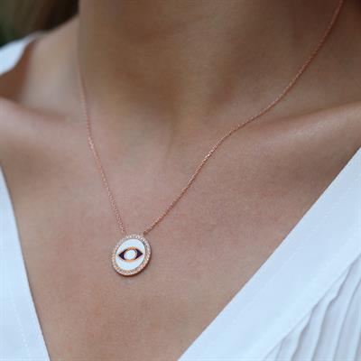 Zirkon Taşlı Mine İşli Göz Modeli Rose Gold Kaplama Gümüş Kolye