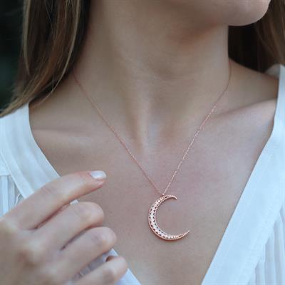Zirkon Taşlı Rose Gold Kaplama Ay Gümüş Kolye