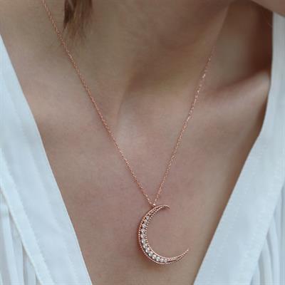 Zirkon Taşlı Rose Gold Kaplama Ay Gümüş Kolye