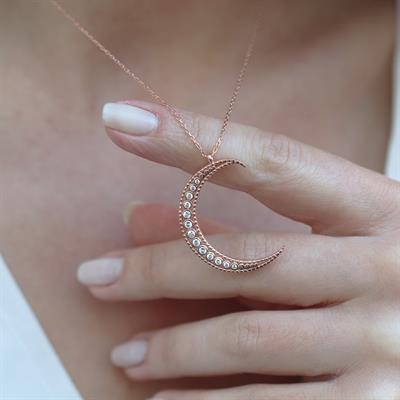 Zirkon Taşlı Rose Gold Kaplama Ay Gümüş Kolye