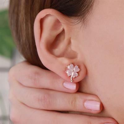 Zirkon Taşlı Rose Gold Kaplama Gümüş Yonca Küpe