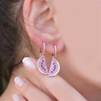 Zirkon Taşlı Rose Gold Kaplama Karpuz Gümüş Küpe
