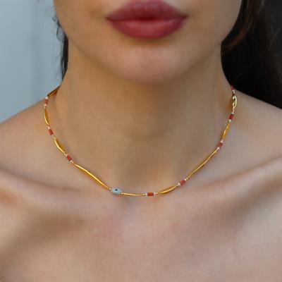 Alaçatı Mercan Taşlı Gold Gümüş Kolye 