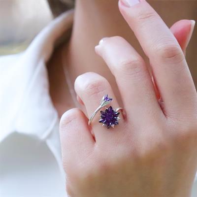 Ametist Taşlı Lotus Çiçekli Gümüş Set