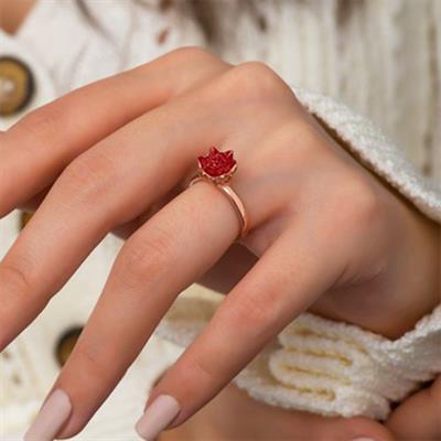 Ayarlanabilir Kırmızı Lotus Çiçeği 925 Ayar Gümüş Yüzük