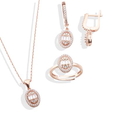 Baget Kesim Oval Montürlü Zirkon Taşlı Rose Gold Kaplama Gümüş Set