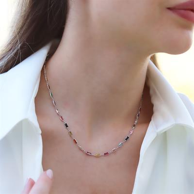 Baget Renkli Taşlı Gümüş Kolye