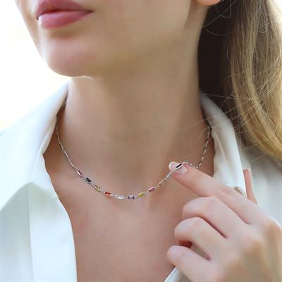 Baget Renkli Taşlı Gümüş Kolye