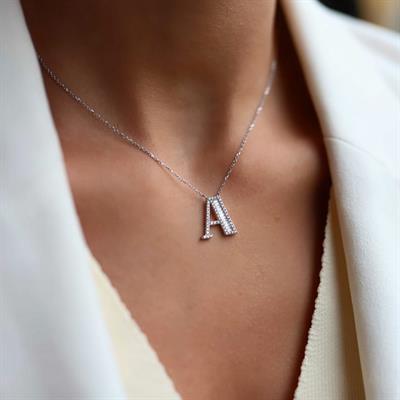 Baget Taşlı Harf Gümüş Kolye