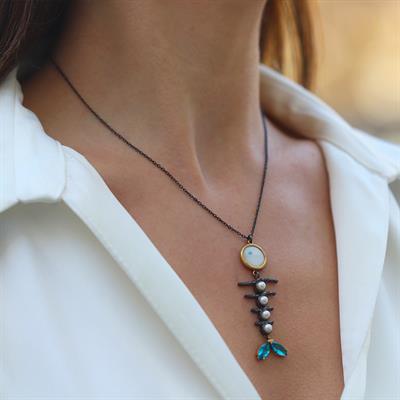 Balık Aquamarine İncili Oksitli Gümüş Kolye