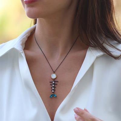 Balık Aquamarine İncili Oksitli Gümüş Kolye