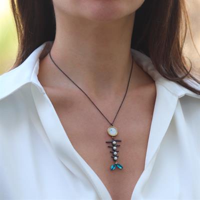 Balık Aquamarine İncili Oksitli Gümüş Kolye