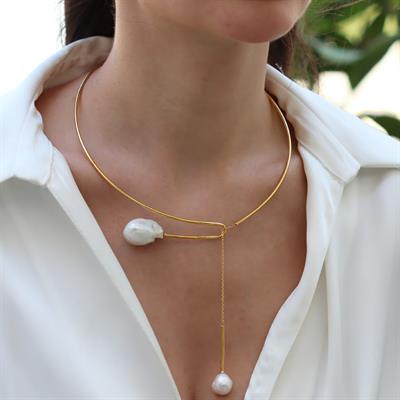 Barok İnci Gold Sarkıt Gümüş Gerdanlık