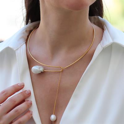 Barok İnci Gold Sarkıt Gümüş Gerdanlık