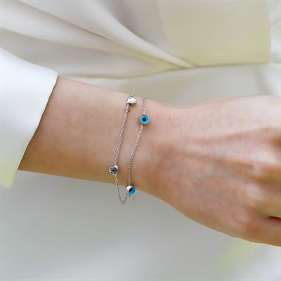 Camgöz Kalpli Çift Zincirli Gümüş Bileklik