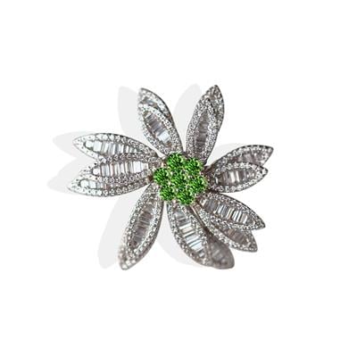 Çiçek Tasarım Baget Kesim Ortası Yeşil Zirkon Taşlı Gümüş Yüzük