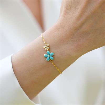 Çiçek Turkuaz Taşlı Gold Gümüş Bileklik
