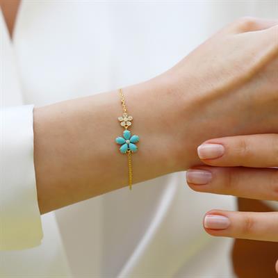 Çiçek Turkuaz Taşlı Gold Gümüş Bileklik