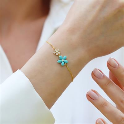 Çiçek Turkuaz Taşlı Gold Gümüş Bileklik