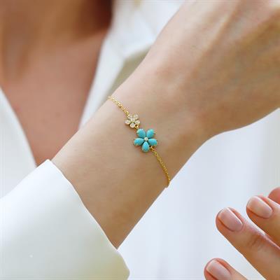 Çiçek Turkuaz Taşlı Gold Gümüş Bileklik