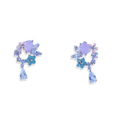 Çiçekli Renkli Damla Gümüş Küpe