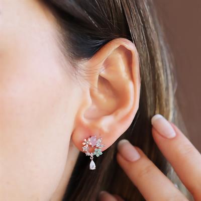 Çiçekli Renkli Damla Gümüş Küpe