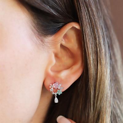 Çiçekli Renkli Damla Gümüş Küpe