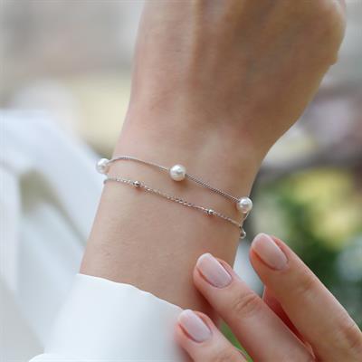 Çift Zincirli İncili Gümüş Bileklik