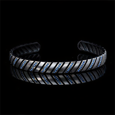 Çizgili Taşlı Gümüş Oksitli Erkek Kelepçe