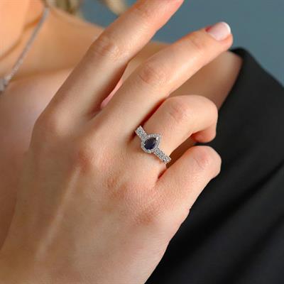 Damla Başak Modeli Safir Taşlı Gümüş Set 