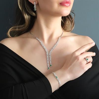 Damla Başak Modeli Yeşil Zirkon Taşlı Sarkıt Gümüş Set 