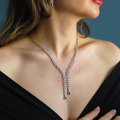 Damla Başak Modeli Yeşil Zirkon Taşlı Sarkıt Gümüş Set 