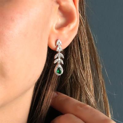 Damla Başak Modeli Yeşil Zirkon Taşlı Sarkıt Gümüş Set 