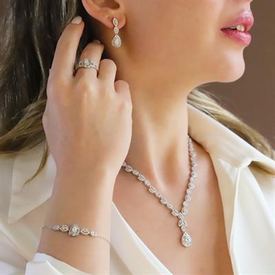 Damla Başak Modeli Zirkon Taşlı Gümüş Set