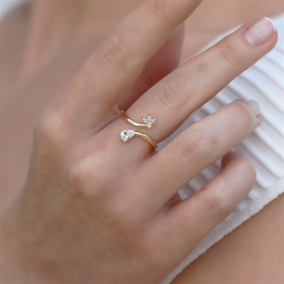 Damla Çiçek Taşlı Gold Gümüş Yüzük