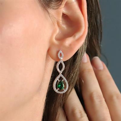 Damla Modeli Yeşil Zirkon Taşlı Gümüş Set 